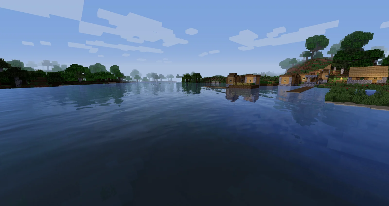 Minecraft river and forest with natural water reflections and restrained enhanced-default lighting