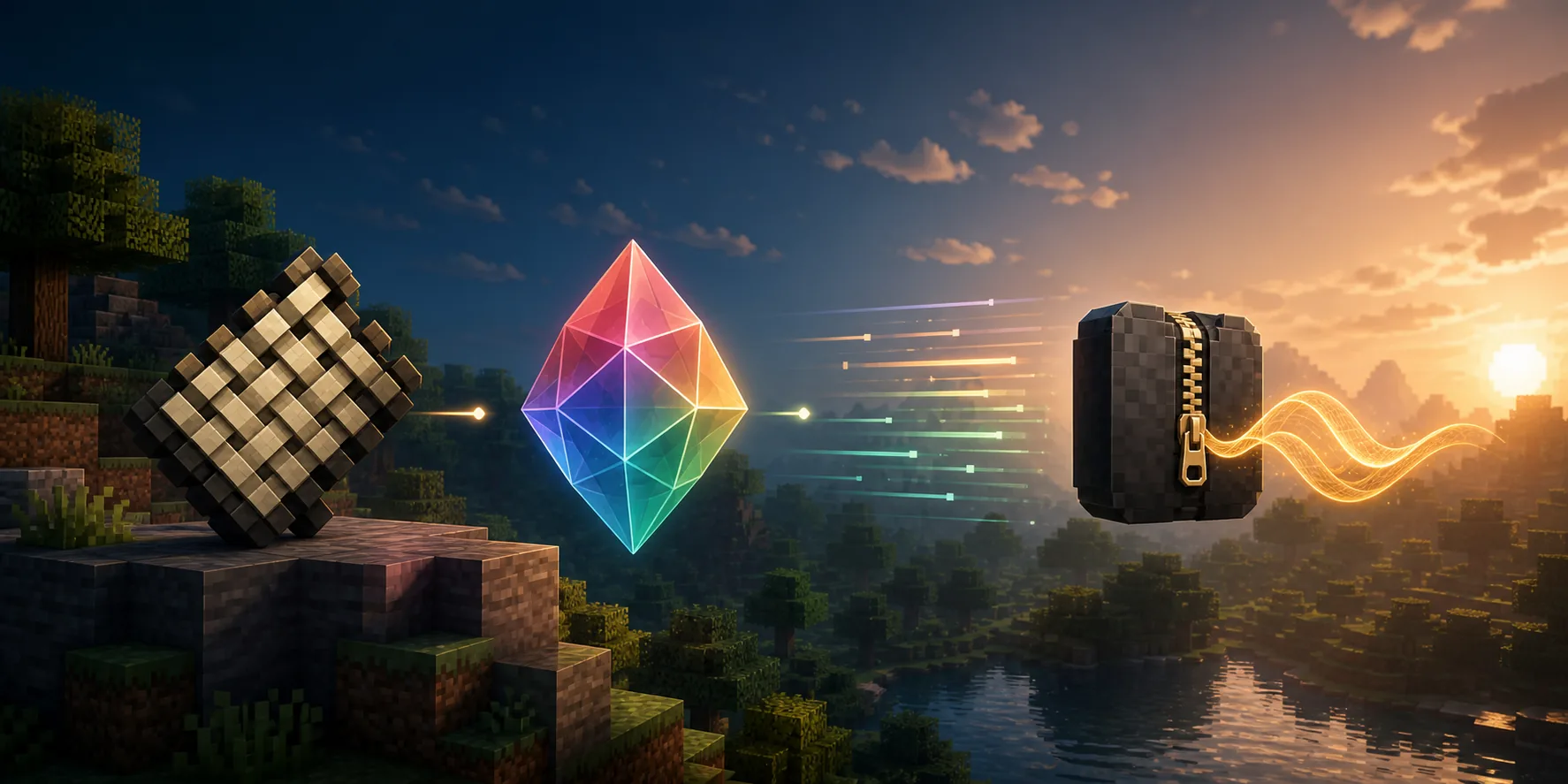 Editorial concept diagram showing a Fabric loader, Iris prism, optional performance layer, and a Sildur ZIP over a Minecraft landscape