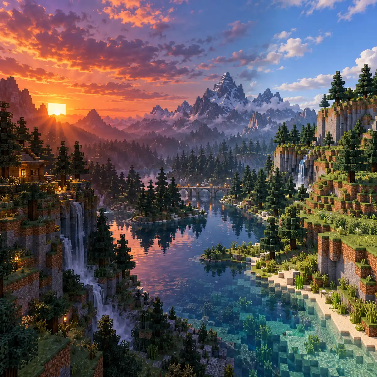 Redaktionelle voxel-inspirierte Minecraft-Java-Landschaft zur Erklärung der Shaderwahl